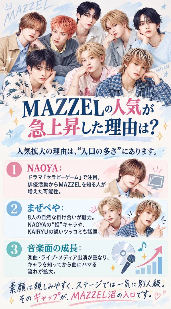 MAZZELの人気が急上昇した理由をまとめた縦型図解。メンバー8人のイラストとともに、NAOYAのドラマ『セラピーゲーム』出演、まぜべやでの姫キャラやKAIRYUのツッコミ、楽曲・ライブでの成長を紹介。個性とパフォーマンスのギャップが人気を広げる魅力と考察。